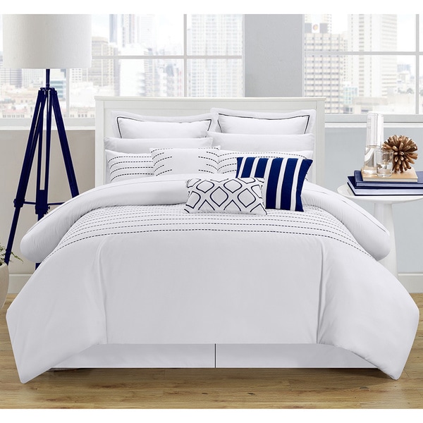 Porch & Den Highland Stitch Embroidered White/ Navy 9-piece Comforter Set