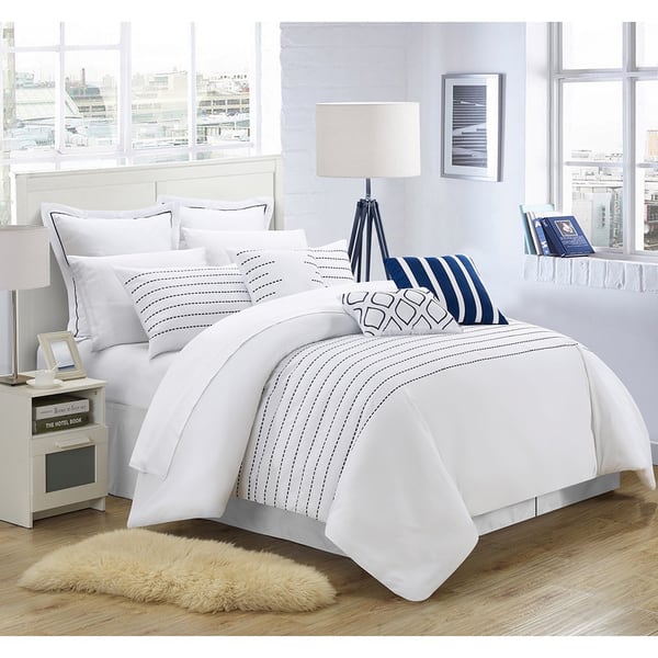 Porch Den Highland Stitch Embroidered White Navy 9 Piece Comforter Set Overstock 20254989 Queen
