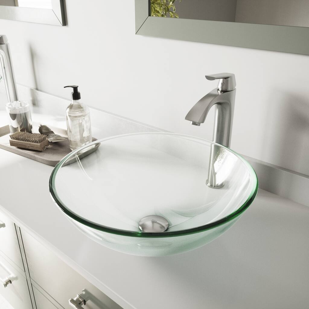 VIGO Giovanni 17"L x 17"W Glass Vessel Sink and Linus 12"H Faucet Set