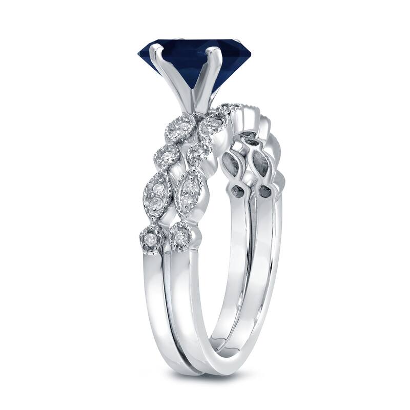14k White Gold 3/5ct Sapphire and 1/6ct TDW Stackable Vintage Diamond Engagement Ring Set by Auriya