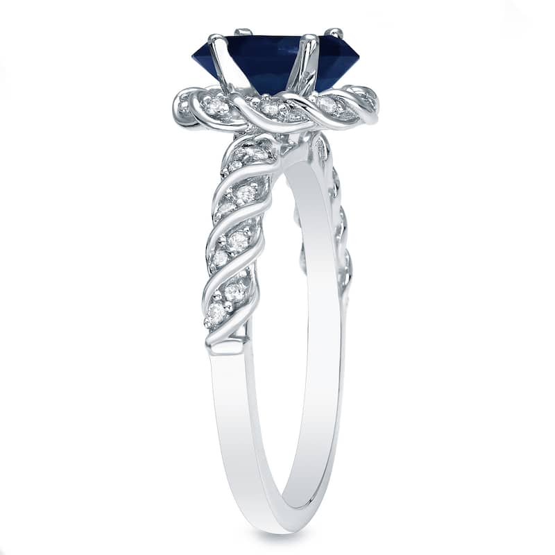 Auriya 14k Gold 1ct Blue Sapphire and 3/5ctw Twisted Halo Diamond Engagement Ring Set