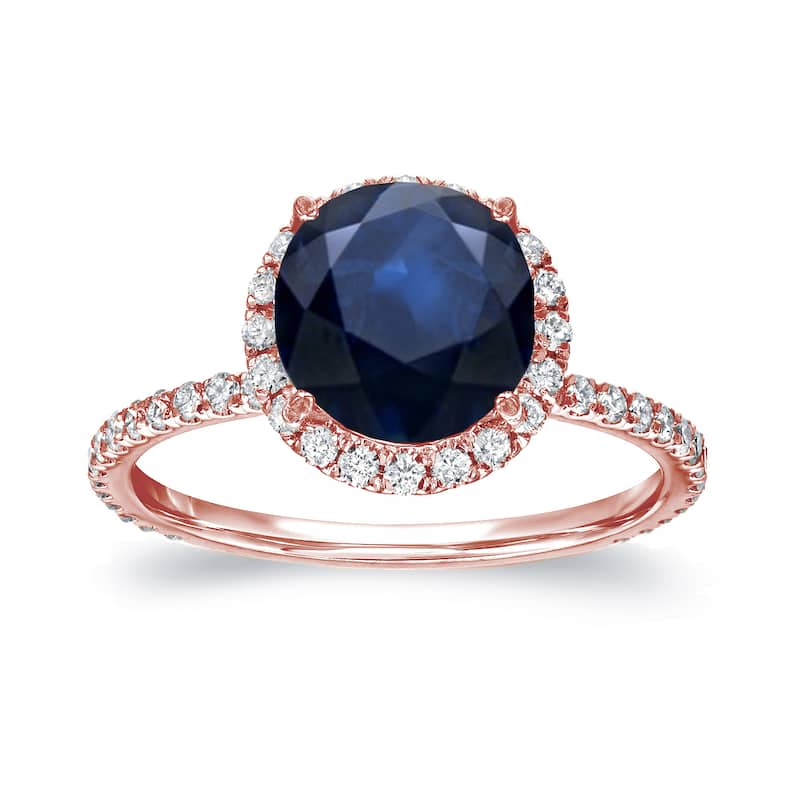 Auriya Round 2ct Blue Sapphire and 3/5ct TDW Diamond Halo Engagement Ring 14k Gold - 4 - Rose