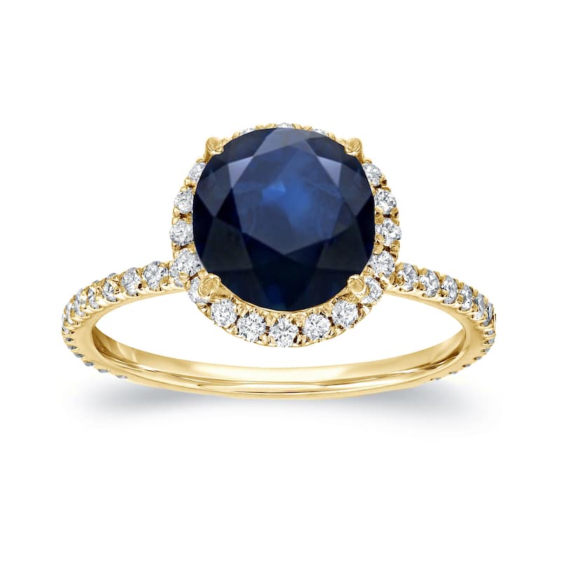 Auriya Round 2ct Blue Sapphire and 3/5ct TDW Diamond Halo Engagement Ring 14k Gold - 4 - Yellow