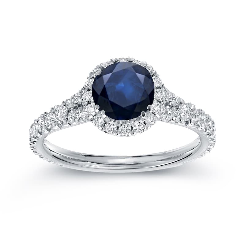 Auriya Round 1ct Blue Sapphire and 3/5ctw Halo Diamond Engagement Ring 14k White Gold (H-I, SI1-SI2)
