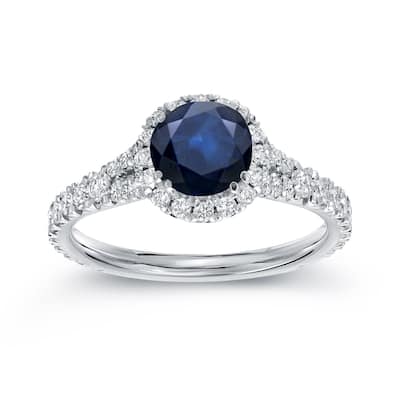 Auriya Round 1ct Blue Sapphire and 3/5ctw Halo Diamond Engagement Ring 14k White Gold (H-I, SI1-SI2)