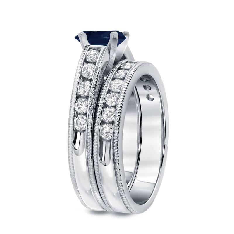 Auriya 14k Gold Vintage 1ct Blue Sapphire and 1ctw Diamond Engagement Ring Set