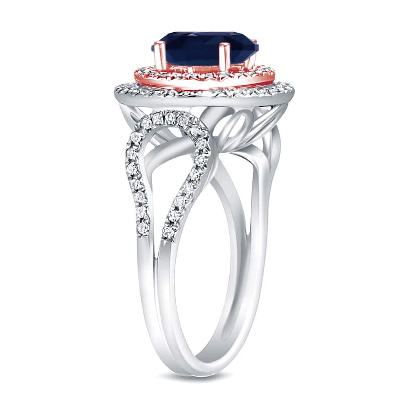 Auriya 14k Two-tone Gold 1 1/4ct Unique Blue Sapphire Halo Diamond Engagement Ring 1/2ctw