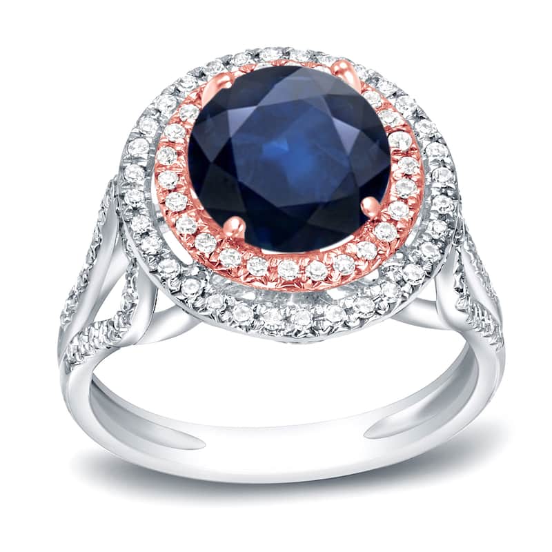 Auriya 14k Two-tone Gold 1 1/4ct Unique Blue Sapphire Halo Diamond Engagement Ring 1/2ctw