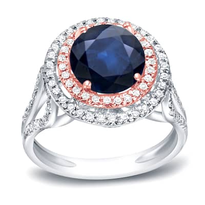 Auriya 14k Two-tone Gold 1 1/4ct Unique Blue Sapphire Halo Diamond Engagement Ring 1/2ctw