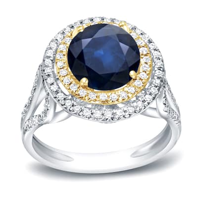Auriya 14k Two-tone Gold 1 1/4ct Unique Blue Sapphire Halo Diamond Engagement Ring 1/2ctw