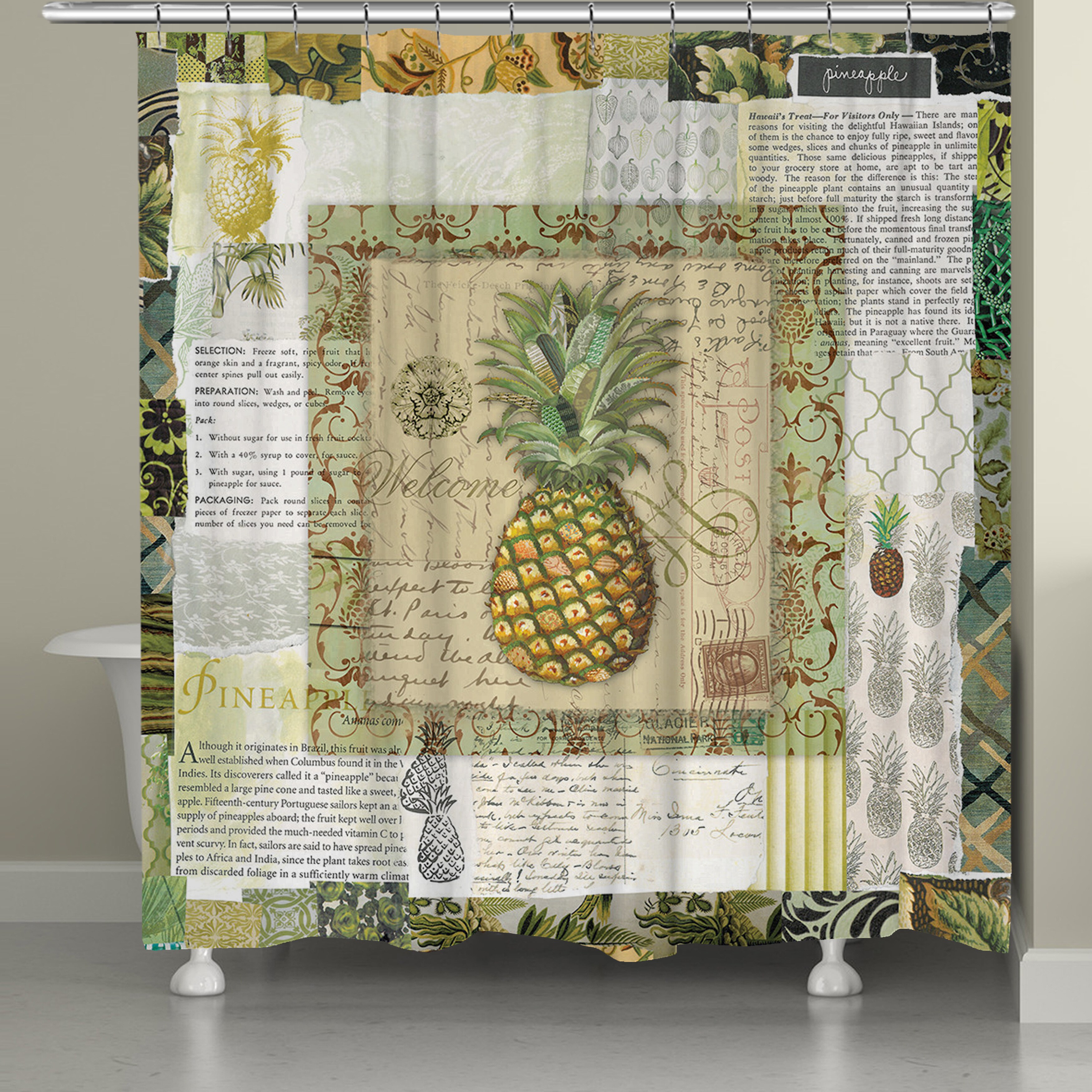 Coconut and Pineapple Flower Bathroom Fabric Shower Curtain Set 71Inches Long 