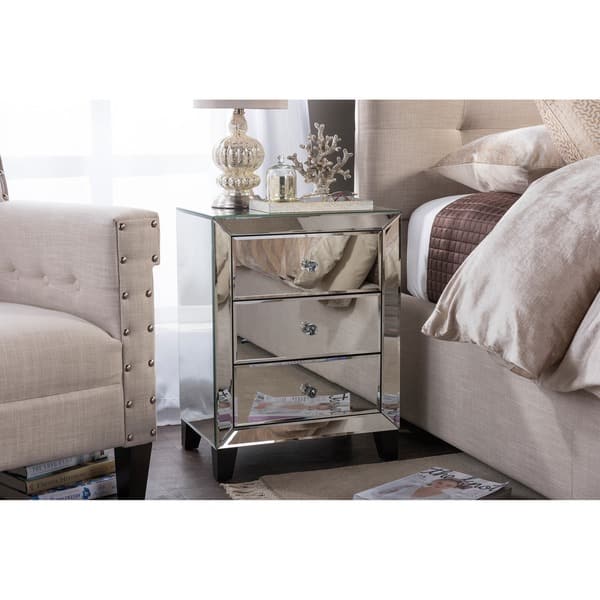 Baxton Studio Chevron Modern and Contemporary Hollywood Regency Glamour Style Mirrored 3-Drawers Nightstand Bedside Table Baxton Studio Chevron Modern and Contemporary Hollywood Regency Glamour Style Mirrored 3-Drawers Nightstand Bedside Table