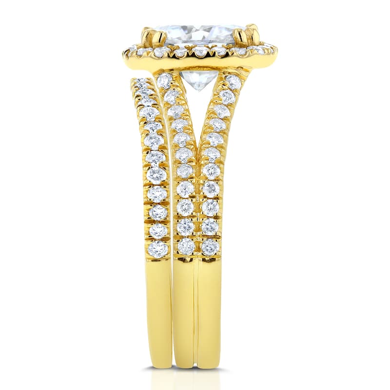 Annello 14k Yellow Gold 2 3/4ct TGW Moissanite and Diamond Cushion Halo Split Shank Bridal Rings Set (GH/VS, GH/I)
