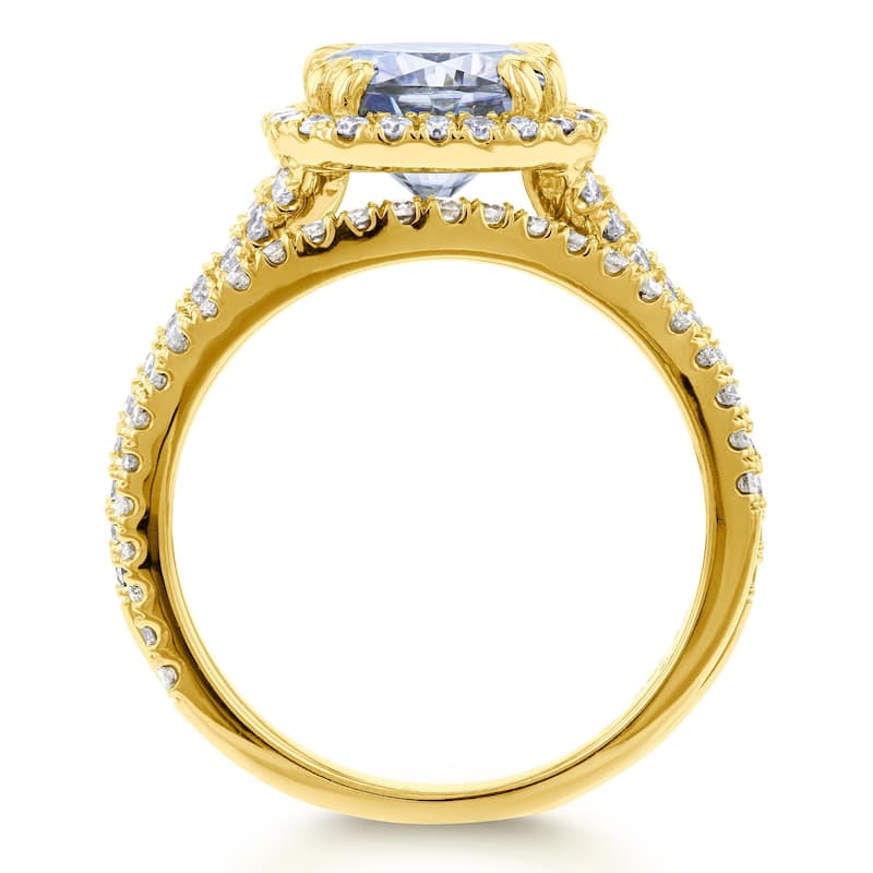 Annello 14k Yellow Gold 2 3/4ct TGW Moissanite and Diamond Cushion Halo Split Shank Bridal Rings Set (GH/VS, GH/I)
