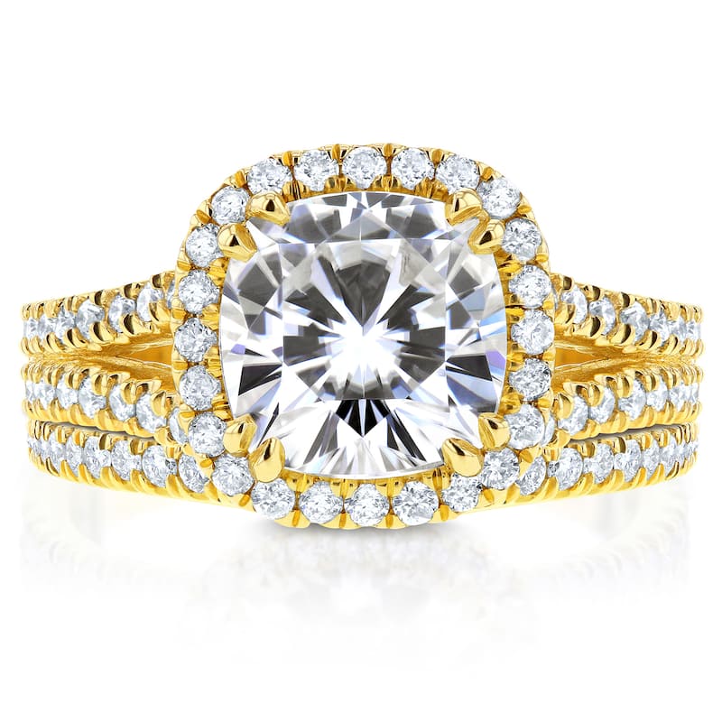 Annello 14k Yellow Gold 2 3/4ct TGW Moissanite and Diamond Cushion Halo Split Shank Bridal Rings Set (GH/VS, GH/I)