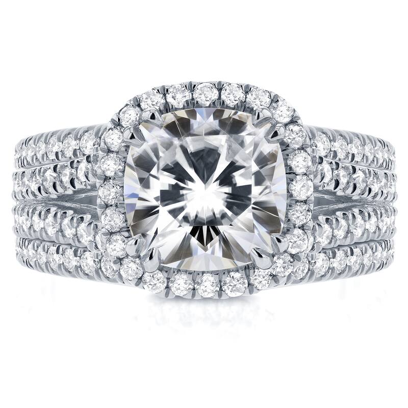 Annello by Kobelli 14k White Gold 3ct TGW Moissanite and Diamond Cushion Halo Split Shank Bridal Rings Set (3pc Set)