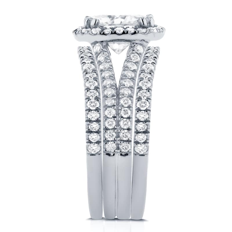 Annello by Kobelli 14k White Gold 3ct TGW Moissanite and Diamond Cushion Halo Split Shank Bridal Rings Set (3pc Set)