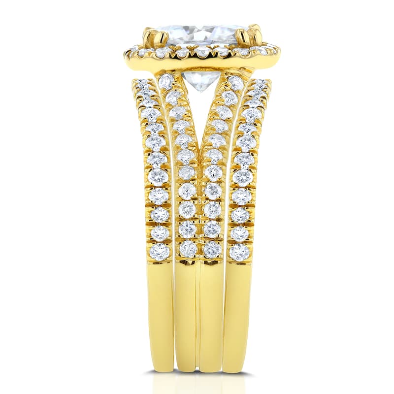 Annello by Kobelli 14k Yellow Gold 3ct TGW Moissanite and Diamond Cushion Halo Split Shank Bridal Rings Set (3pc Set)