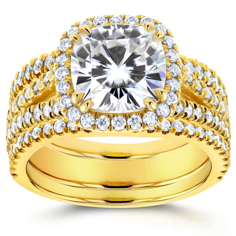 Annello by Kobelli 14k Yellow Gold 3ct TGW Moissanite and Diamond Cushion Halo Split Shank Bridal Rings Set (3pc Set)