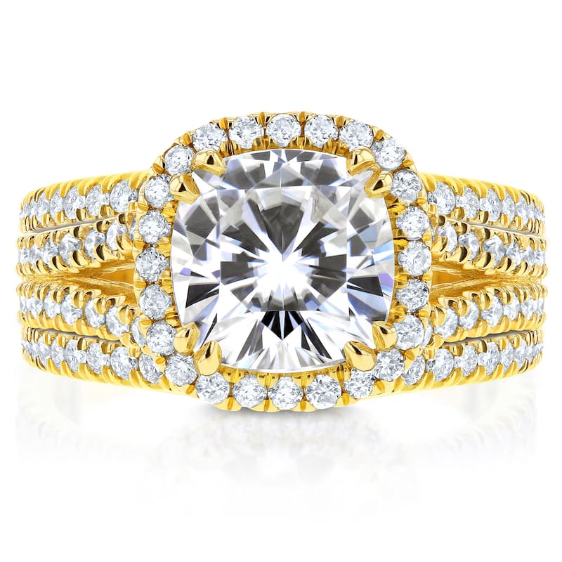 Annello by Kobelli 14k Yellow Gold 3ct TGW Moissanite and Diamond Cushion Halo Split Shank Bridal Rings Set (3pc Set)