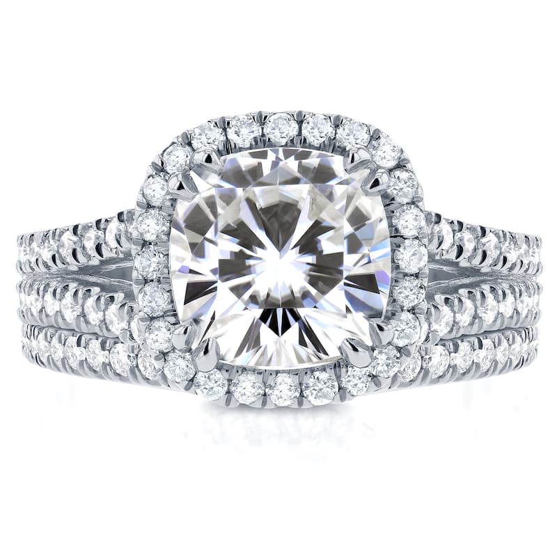 Annello by Kobelli 14k White Gold Moissanite and 3/4ct TDW Diamond Halo 2-Piece Bridal Rings Set