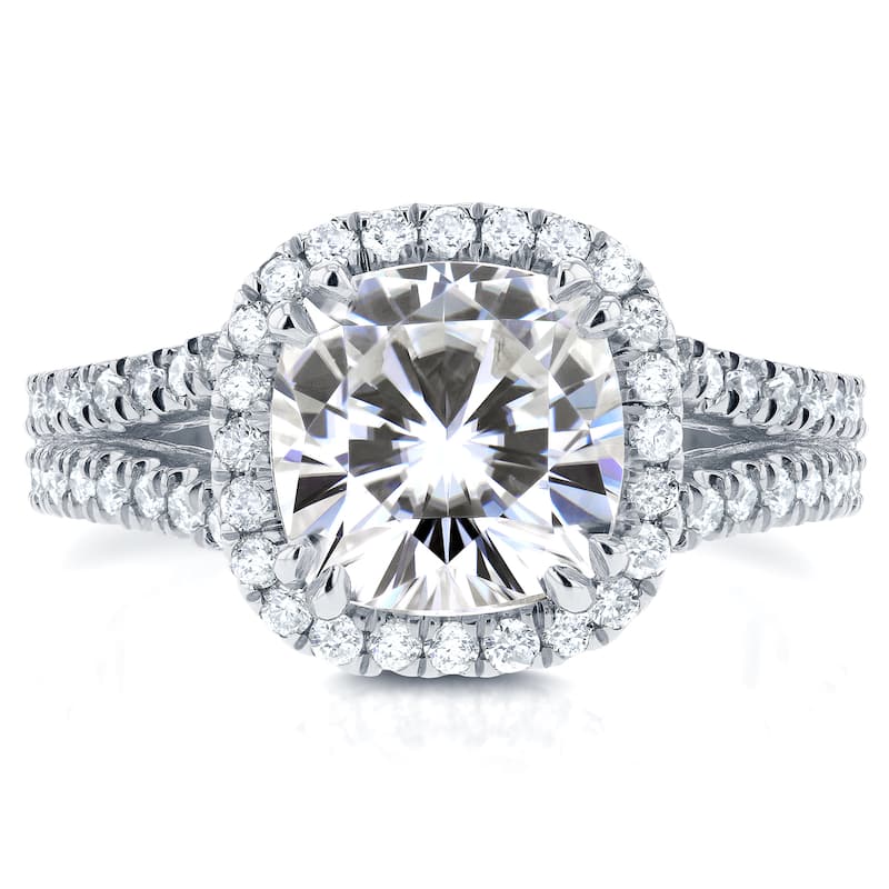Annello by Kobelli 14k White Gold 2 1/2ct TGW Moissanite and Diamond Cushion Halo Split Shank Engagement Ring - 4