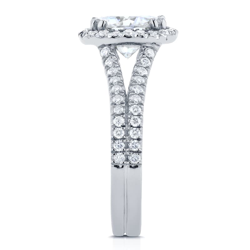 Annello by Kobelli 14k White Gold 2 1/2ct TGW Moissanite and Diamond Cushion Halo Split Shank Engagement Ring