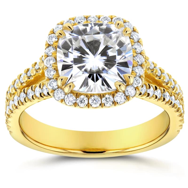 Annello by Kobelli 14k Yellow Gold 2 1/2ct TGW Moissanite and Diamond Cushion Halo Split Shank Engagement Ring - 4