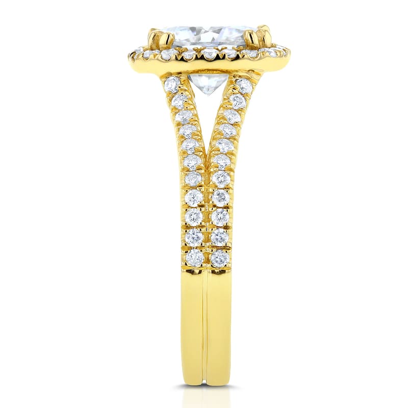 Annello by Kobelli 14k Yellow Gold 2 1/2ct TGW Moissanite and Diamond Cushion Halo Split Shank Engagement Ring