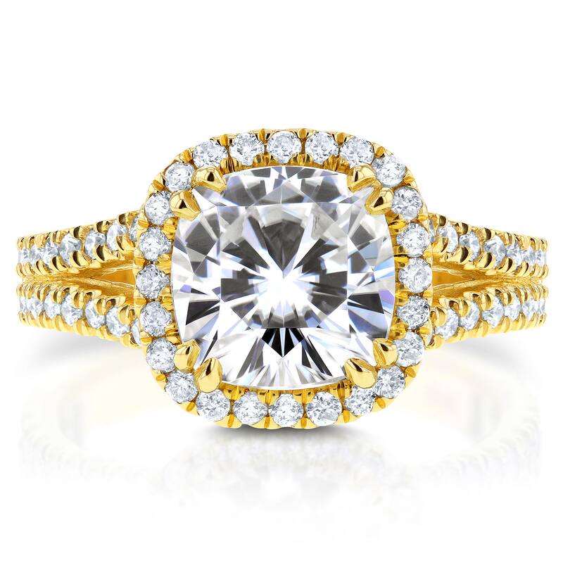 Annello by Kobelli 14k Yellow Gold 2 1/2ct TGW Moissanite and Diamond Cushion Halo Split Shank Engagement Ring
