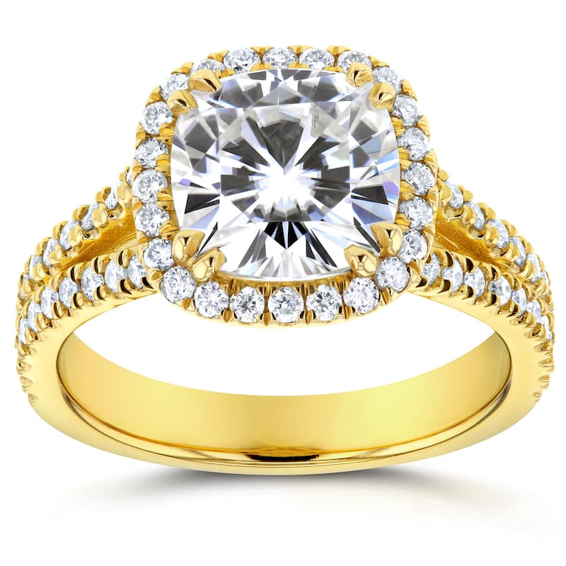 Annello by Kobelli 14k Yellow Gold 2 1/2ct TGW Moissanite and Diamond Cushion Halo Split Shank Engagement Ring