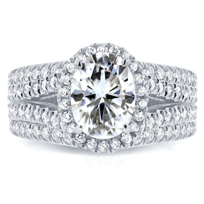 Annello by Kobelli 14k White Gold 2 2/5ct TGW Moissanite and Diamond Oval Halo Split Shank Bridal Rings Set (3pc Set)