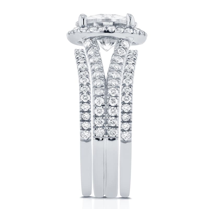 Annello by Kobelli 14k White Gold 2 2/5ct TGW Moissanite and Diamond Oval Halo Split Shank Bridal Rings Set (3pc Set)