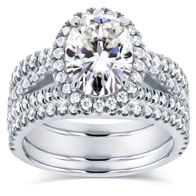 Annello by Kobelli 14k White Gold 2 2/5ct TGW Moissanite and Diamond Oval Halo Split Shank Bridal Rings Set (3pc Set)
