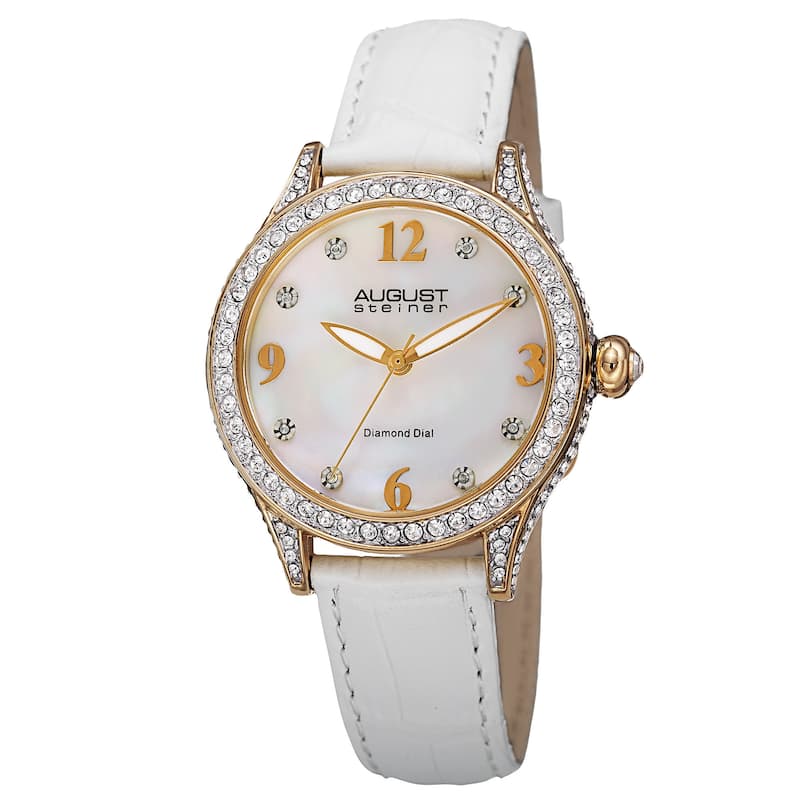 August Steiner Women's Quartz Swarovski Crystals & Diamond Leather White Strap Watch