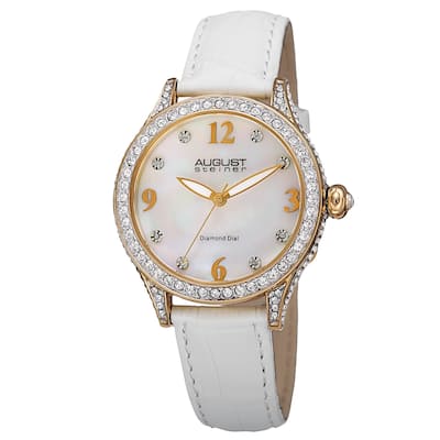August Steiner Women's Quartz Swarovski Crystals & Diamond Leather White Strap Watch