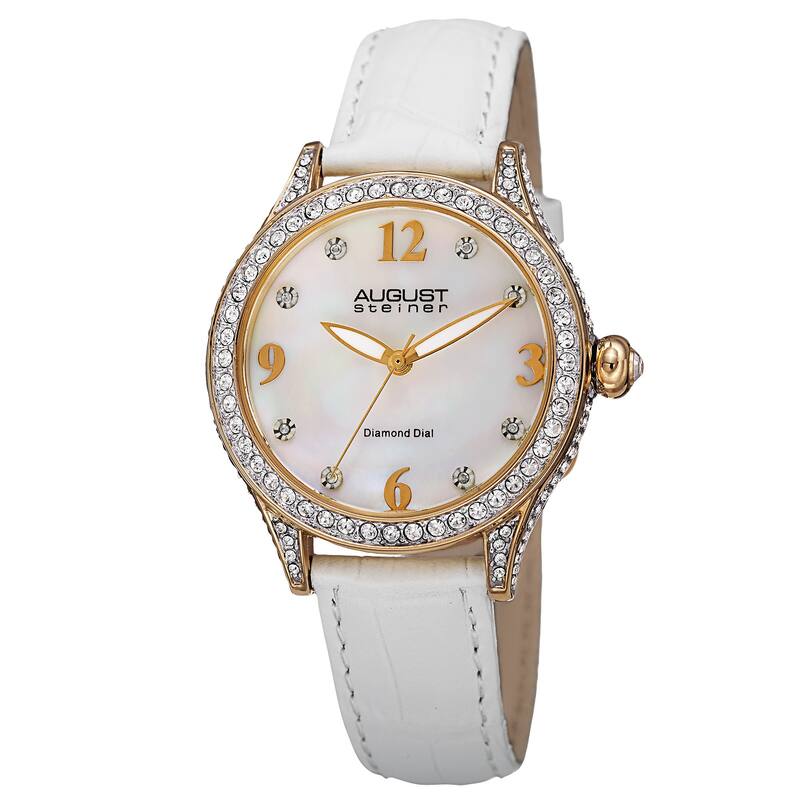 August Steiner Women's Quartz Swarovski Crystals & Diamond Leather White Strap Watch