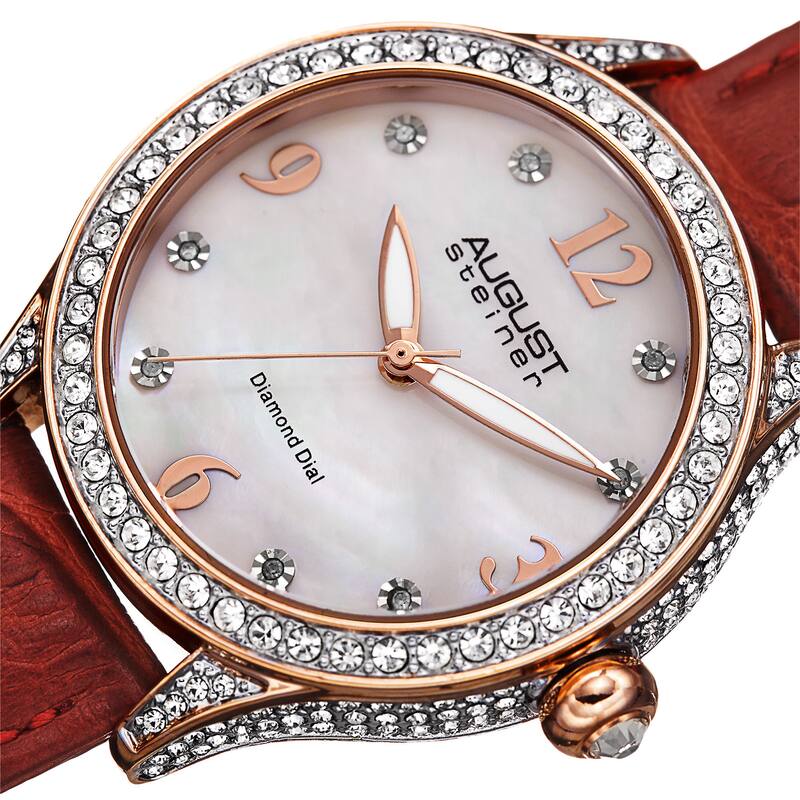 August Steiner Women's Quartz Swarovski Crystals & Diamond Leather Red Strap Watch