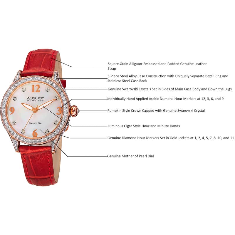 August Steiner Women's Quartz Swarovski Crystals & Diamond Leather Red Strap Watch