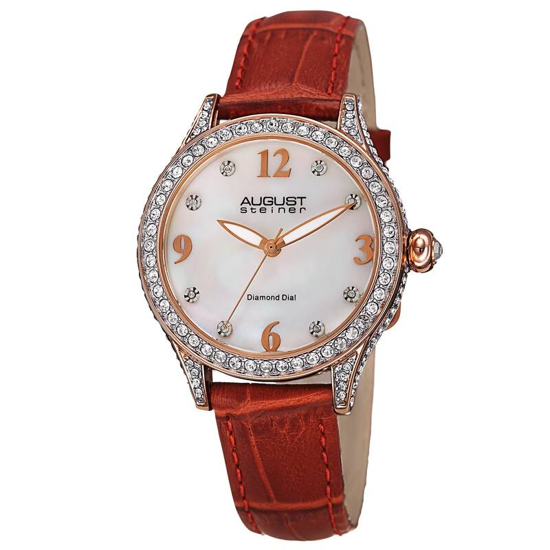 August Steiner Women's Quartz Swarovski Crystals & Diamond Leather Red Strap Watch
