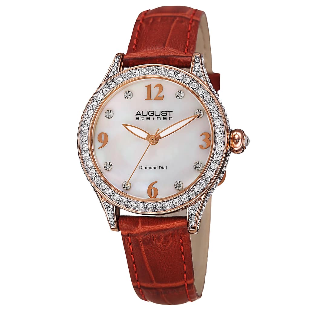 August Steiner Women's Quartz Swarovski Crystals & Diamond Leather Red Strap Watch