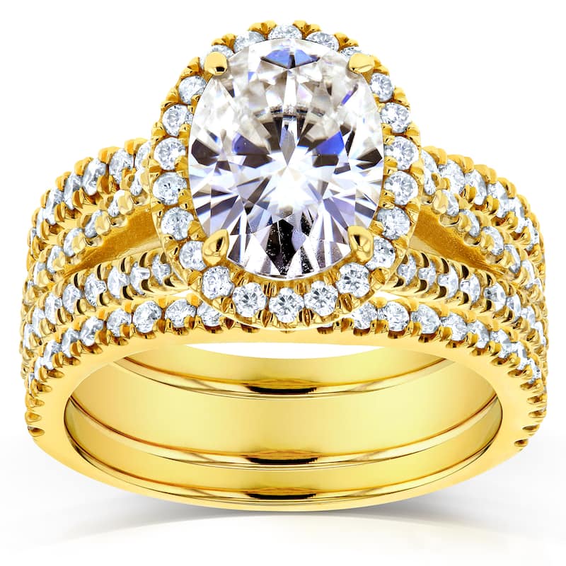 Annello by Kobelli 14k Yellow Gold 2 2/5ct TGW Moissanite and Diamond Oval Halo Split Shank Bridal Rings Set (3pc Set)