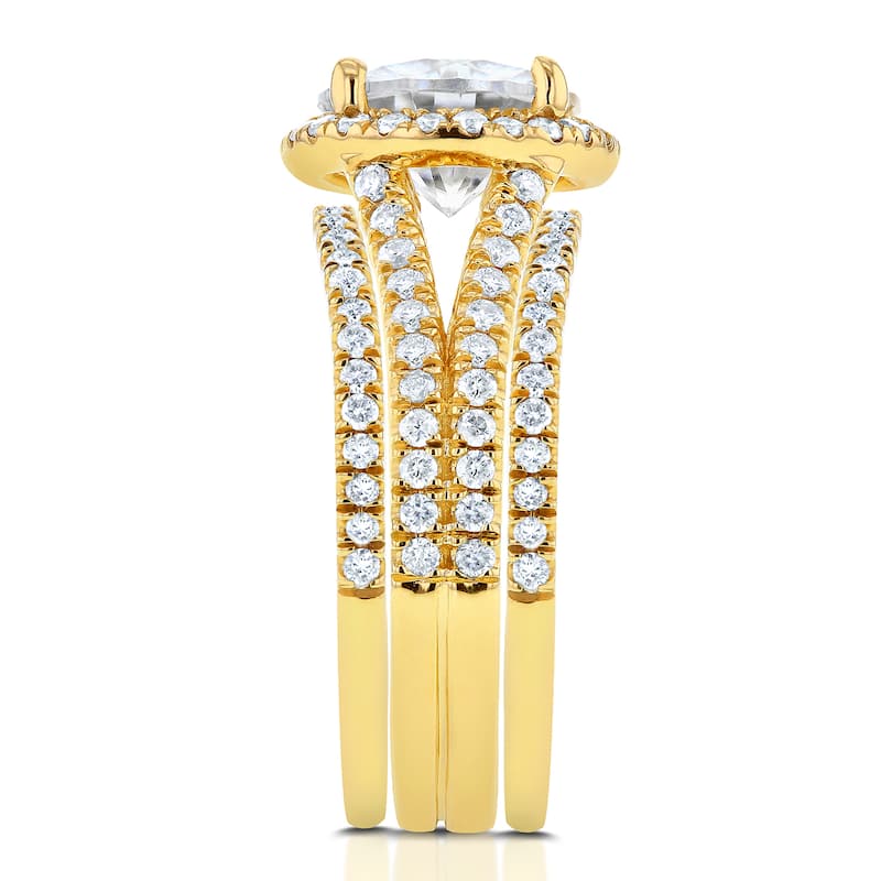 Annello by Kobelli 14k Yellow Gold 2 2/5ct TGW Moissanite and Diamond Oval Halo Split Shank Bridal Rings Set (3pc Set)