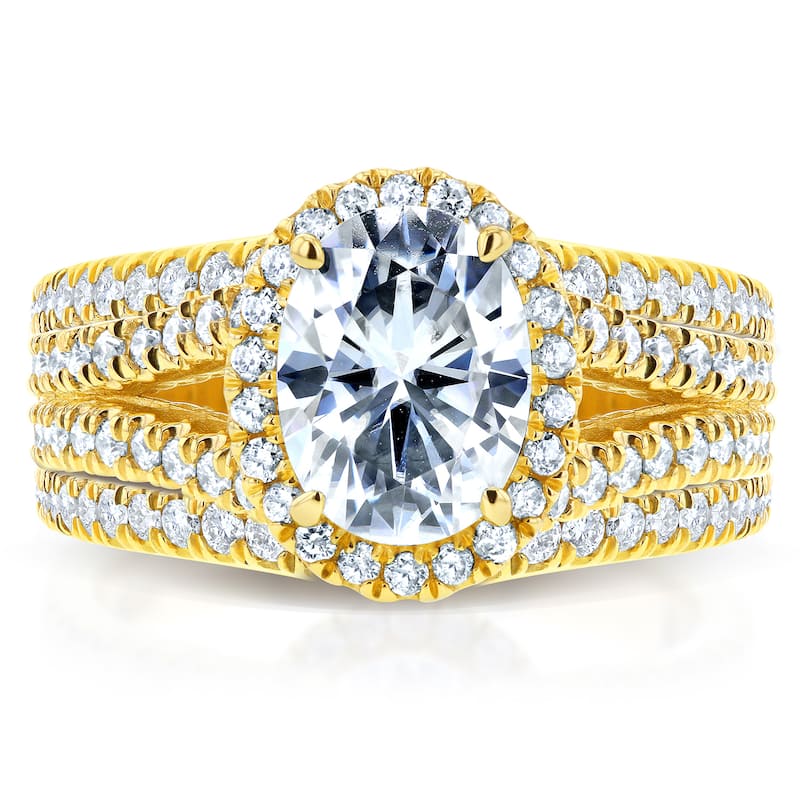 Annello by Kobelli 14k Yellow Gold 2 2/5ct TGW Moissanite and Diamond Oval Halo Split Shank Bridal Rings Set (3pc Set)