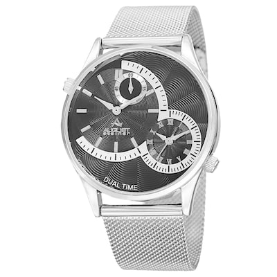 August Steiner Men's Quartz Dual-Time Stainless Steel Mesh Silver-Tone Bracelet Watch - silver
