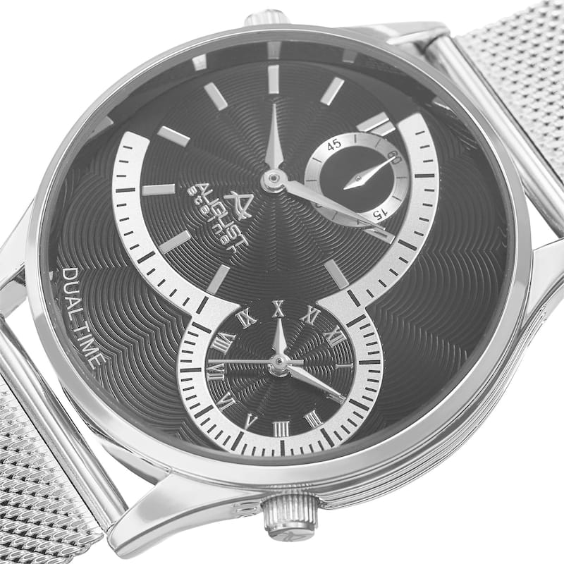 August Steiner Men's Quartz Dual-Time Stainless Steel Mesh Silver-Tone Bracelet Watch - silver