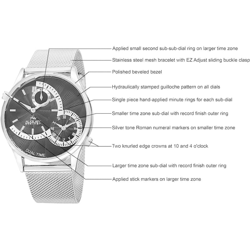 August Steiner Men's Quartz Dual-Time Stainless Steel Mesh Silver-Tone Bracelet Watch - silver