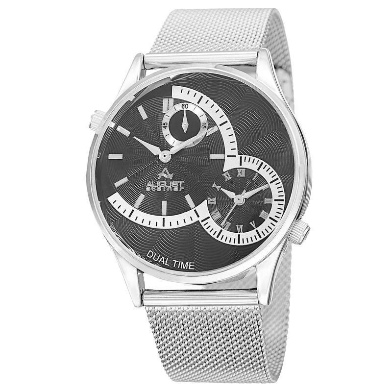 August Steiner Men's Quartz Dual-Time Stainless Steel Mesh Silver-Tone Bracelet Watch - silver
