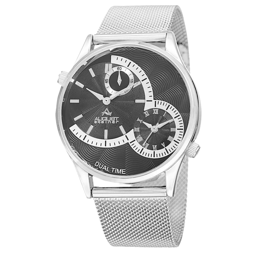 August Steiner Men's Quartz Dual-Time Stainless Steel Mesh Silver-Tone Bracelet Watch - silver