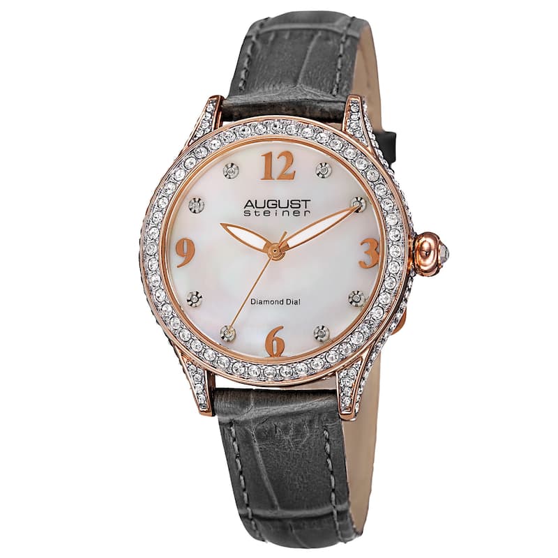 August Steiner Women's Quartz Swarovski Crystals & Diamond Leather Grey Strap Watch